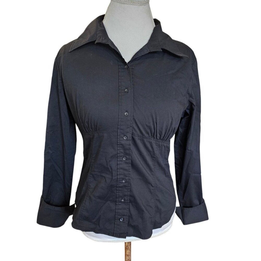 Y2K Womens 8 Babydoll Buttonup Shirt Black Longsleeve Career Empire Waist